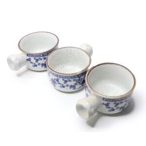 Vintage 1970s Japanese Speckled Stoneware Tea Mugs White Blue Floral  Set of 3